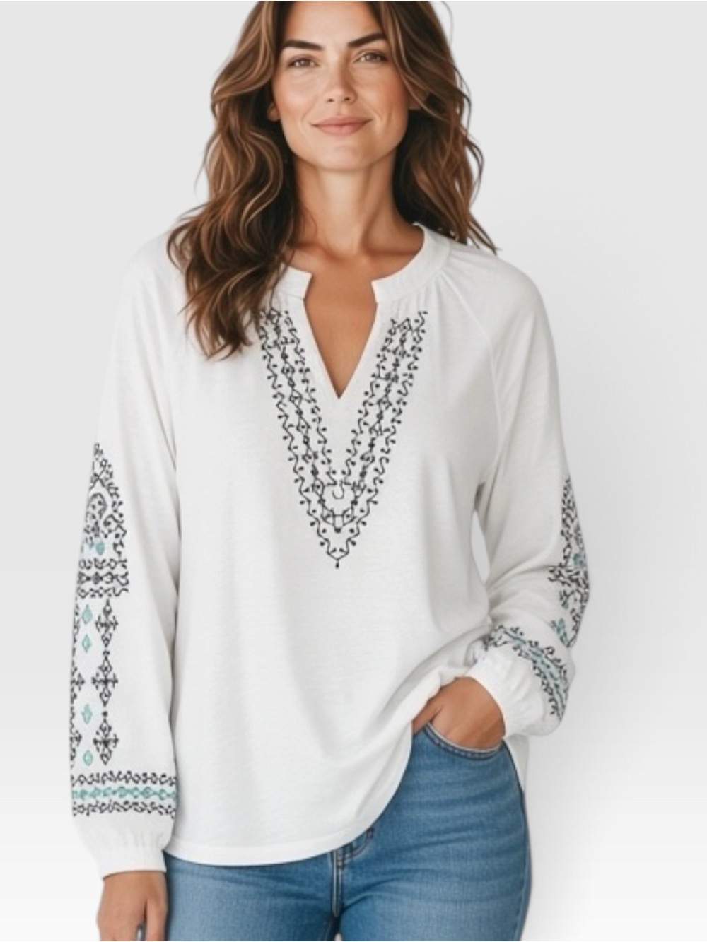 NWT Nic & Zoe Solstice Embroidered 100% Cotton BOHO Long Sleeve Top Sz L | NWT